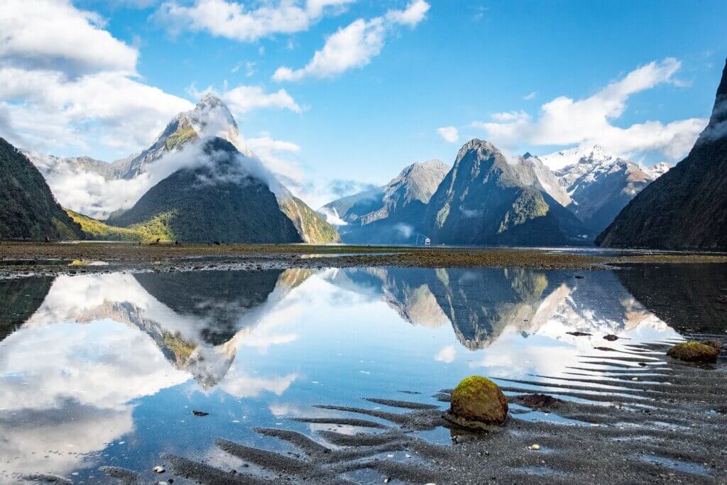 Milford Sound on a clear sunny day