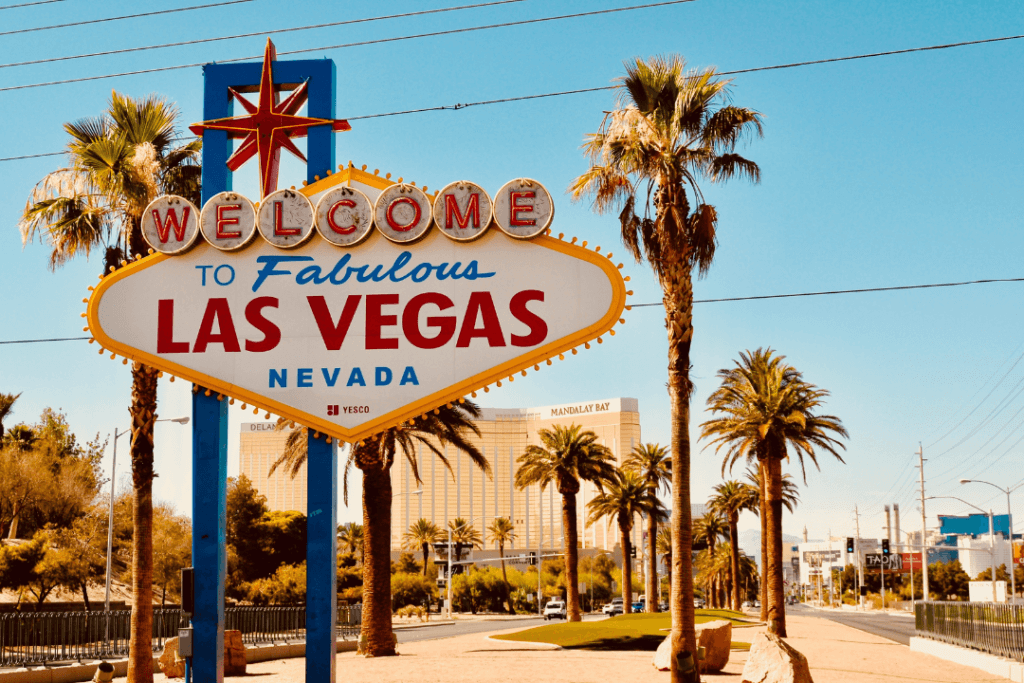 A sign welcoming visitors to Las Vegas, one of the most popular places to elope in USA