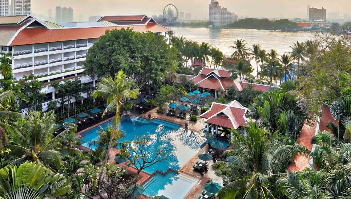 An aerial shot of the Anantara Riverside Bangkok resort
