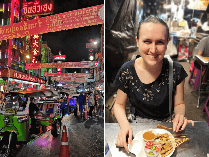 Bangkok's Chinatown at night and Explore with Wonder's Ksenia enjoying satay skewers