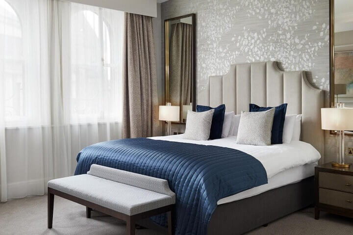 A stylish room in the Midland, one of the most luxurious hotels in Manchester city centre with swimming pools