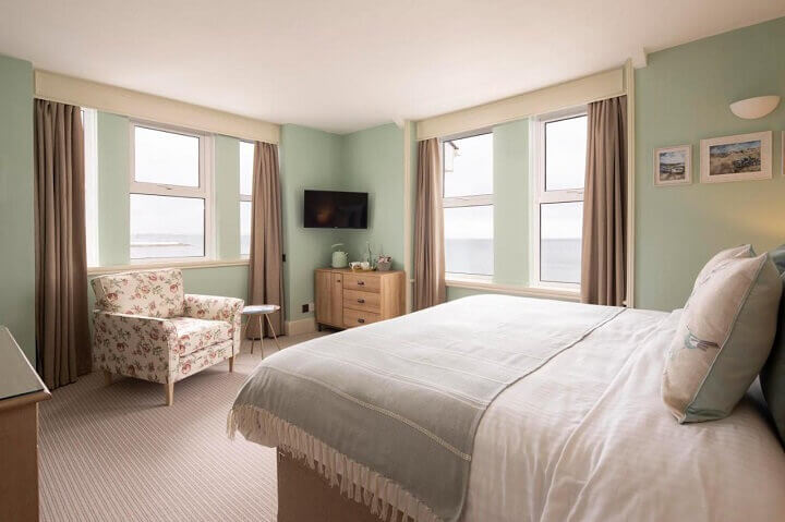 A corner room with a gorgeous sea view at the Beach Club in Penzance, Cornwall
