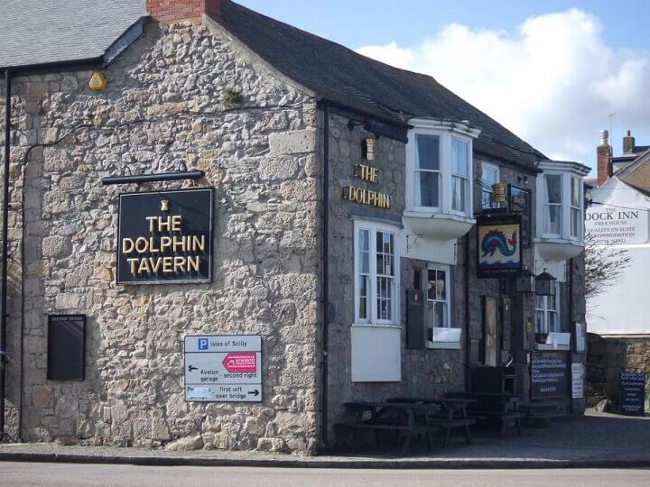 The exterior of the historic Dolphin Tavern located right in the heart of Penzance, Cornwall