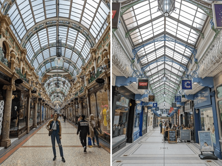 Ksenia at Victoria Quarter on the left and the Queens Arcade on the right