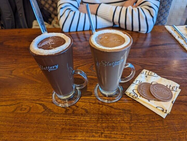 Dark and Swiss milk hot chocolates at Slattery