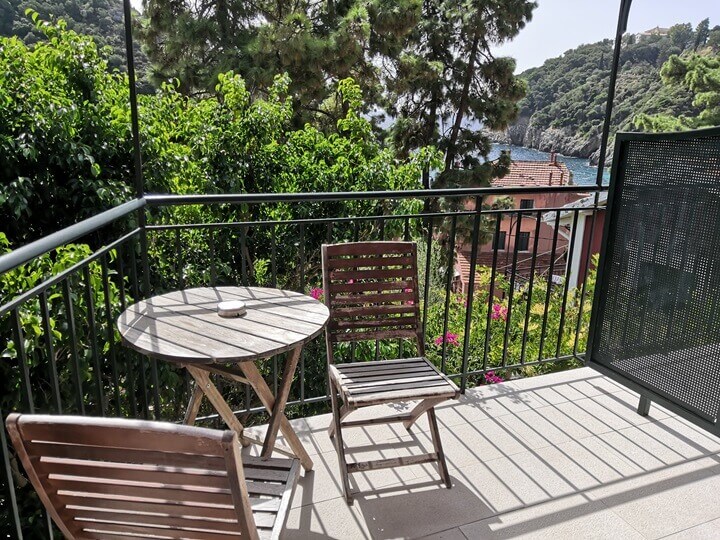 A balcony with a picturesque sea view that we enjoyed while stay at the Zefiros Hotel in Paleokastritsa, Corfu