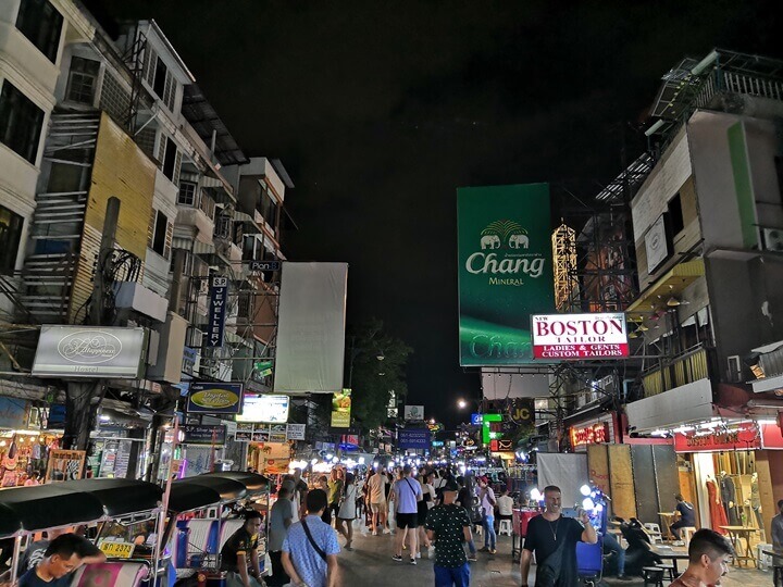 The famous Kao San Road in Bangkok at nightime
