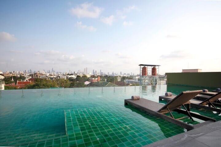The infinity pool and city views at the Chillax Heritage Hotel in Banglamphu