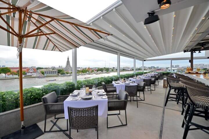 The rooftop restaurants with riverside views at Riva Arun Bangkok, located on the bankside of the Chao Phraya River