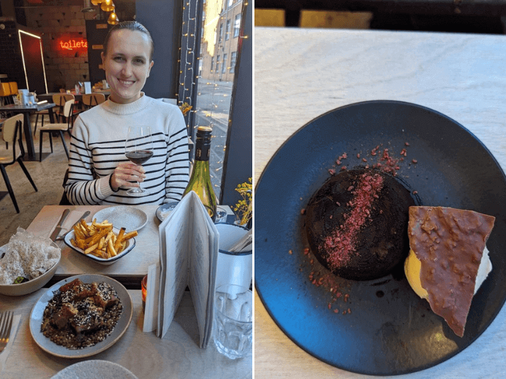 Ksenia enjoying a meal and a glass of red at Elnecot, a restaurant in Ancoats